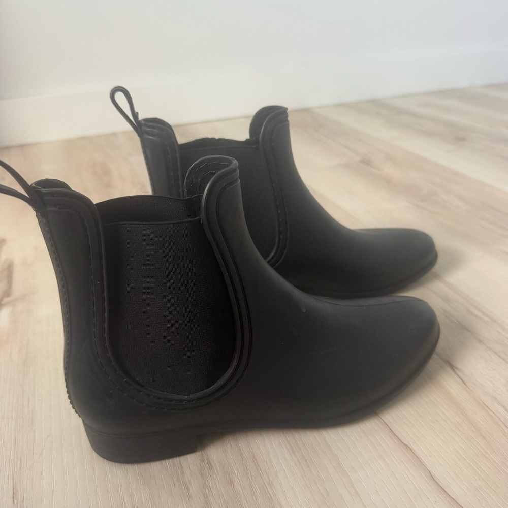 Jeffrey Campbell Black Chelsea Rain Boot with Blue Insole